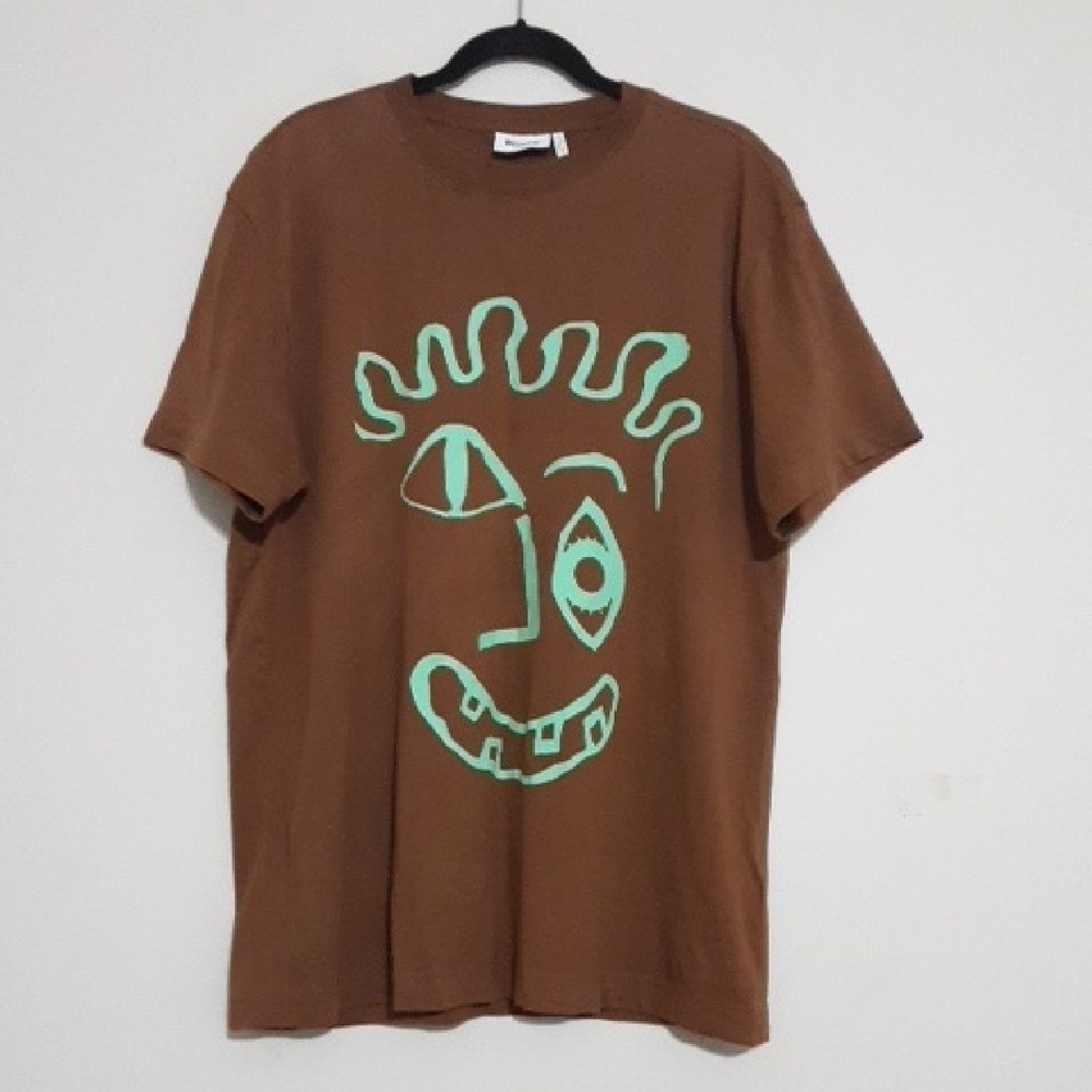 Week End Brown T-Shirt with Green Abstract Face Design Women M casual Y2k Retro